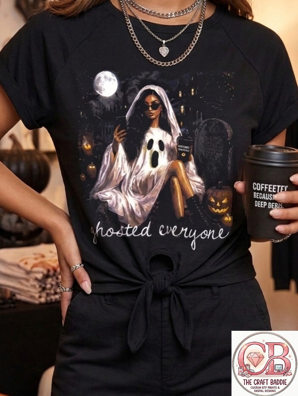 JoyLab NWT Ghosted Everyone Halloween Graphic Tie Front Tee L Doll Design